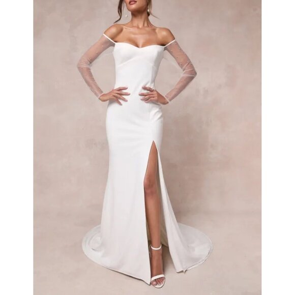 Lulus Eternally Beloved White Mesh Off-the-Shoulder Pearl Maxi Wedding Dress Sz - Picture 10 of 16
